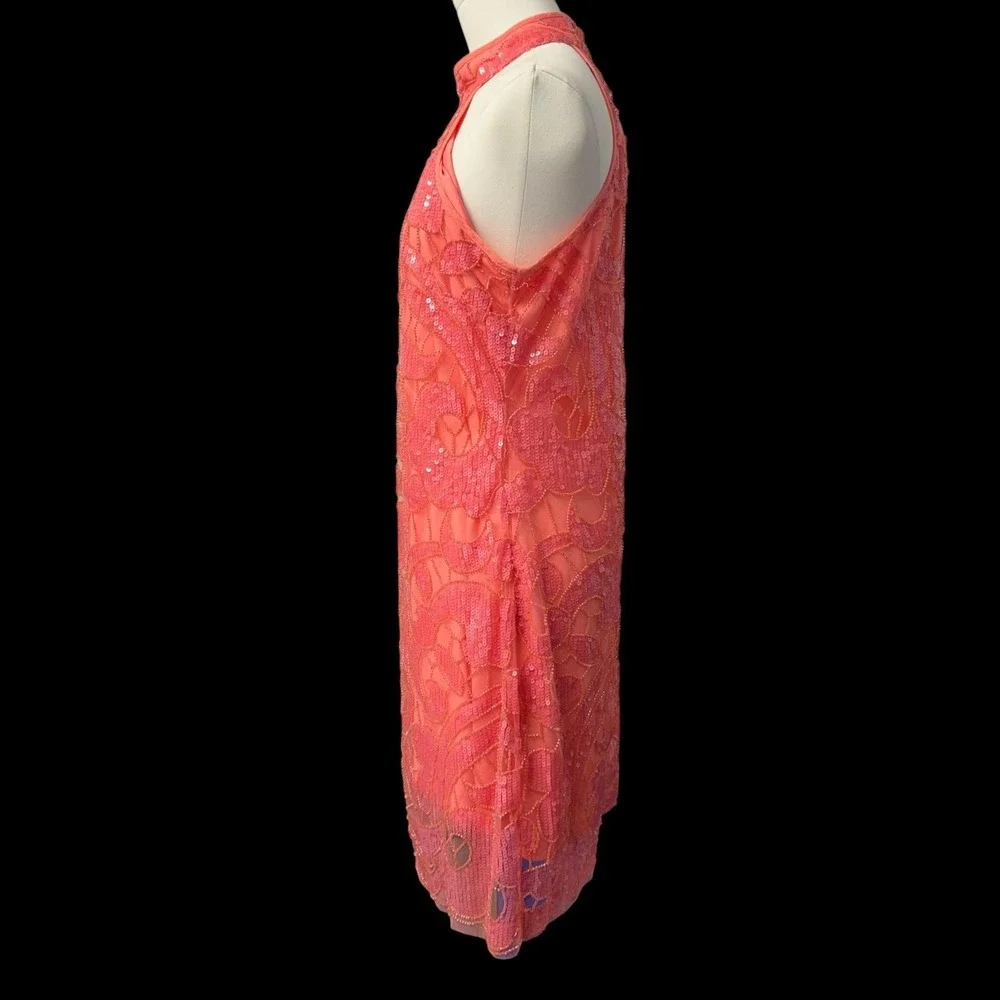 Boston Proper Dress Womens 10 Pink Coral Sequin Mesh Halter Mini Open Back NWOT